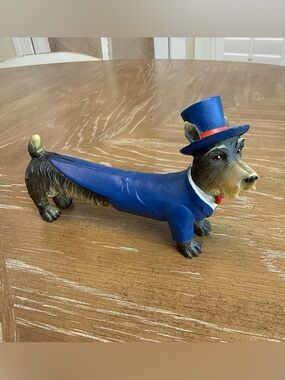 Dog Figurine Terrier Dachshund With Suit Jacket Bow Tie Top hat Outfit  Resin